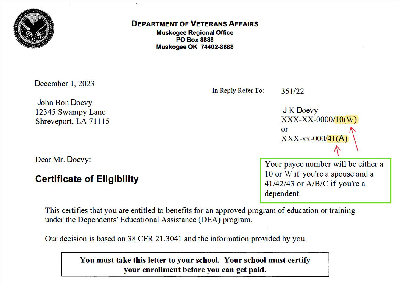 A sample image of a certificate of eligibility form that features two example payee numbers in the upper-right corner. 